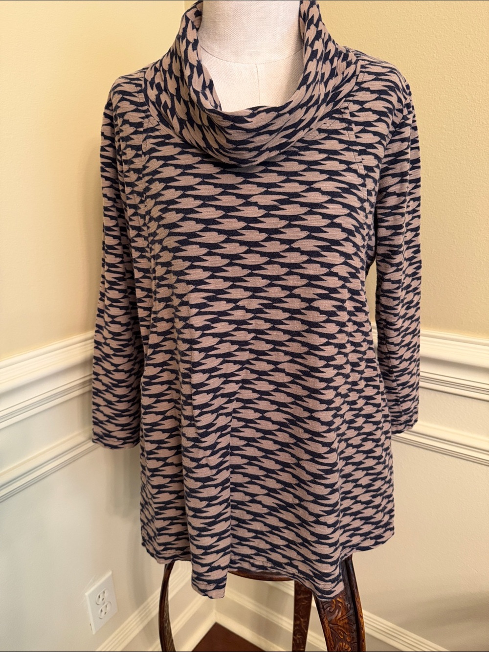 Cowl Neck Patterned Women's Tunic length - Taupe & Navy
